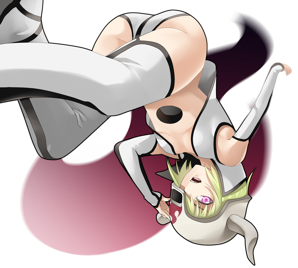 00s, 1girl, arrancar, ass, bleach, blonde_hair, bob_cut, boots, center_opening, detached_sleeves, female_focus, flat_chest, gloves, green_hair, helmet, horns, kazuki_sanbi, lilynette_gingerbuck, no_bra, open_mouth, panties, pink_eyes, short_hair, shorts, skull, solo, thigh_boots, thighhighs, underwear, upside-down, vest, white_thighhighs