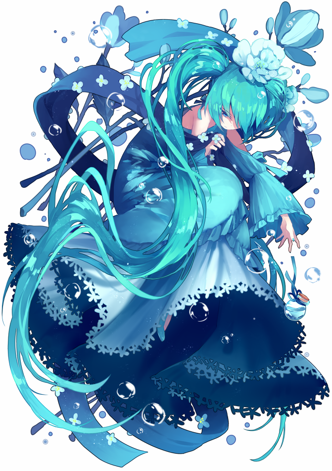 1girl, aqua_eyes, aqua_flower, aqua_hair, bad_id, bad_pixiv_id, bottle, bubble