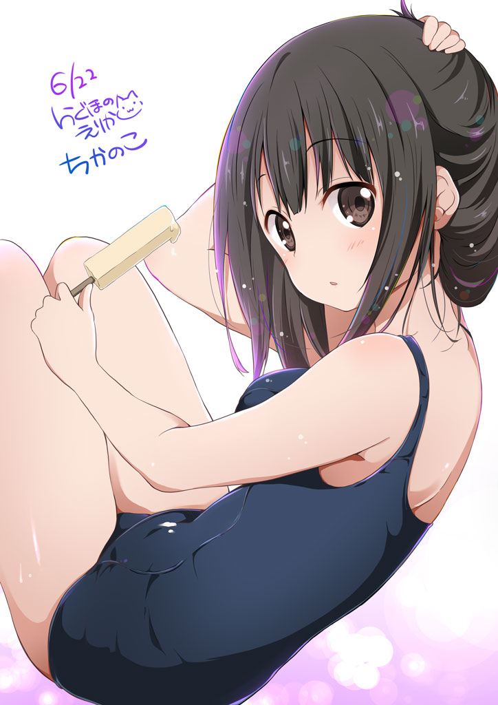 1girl, :o, arm_up, artist_name, bare_arms, bare_legs, bare_shoulders, black_hair