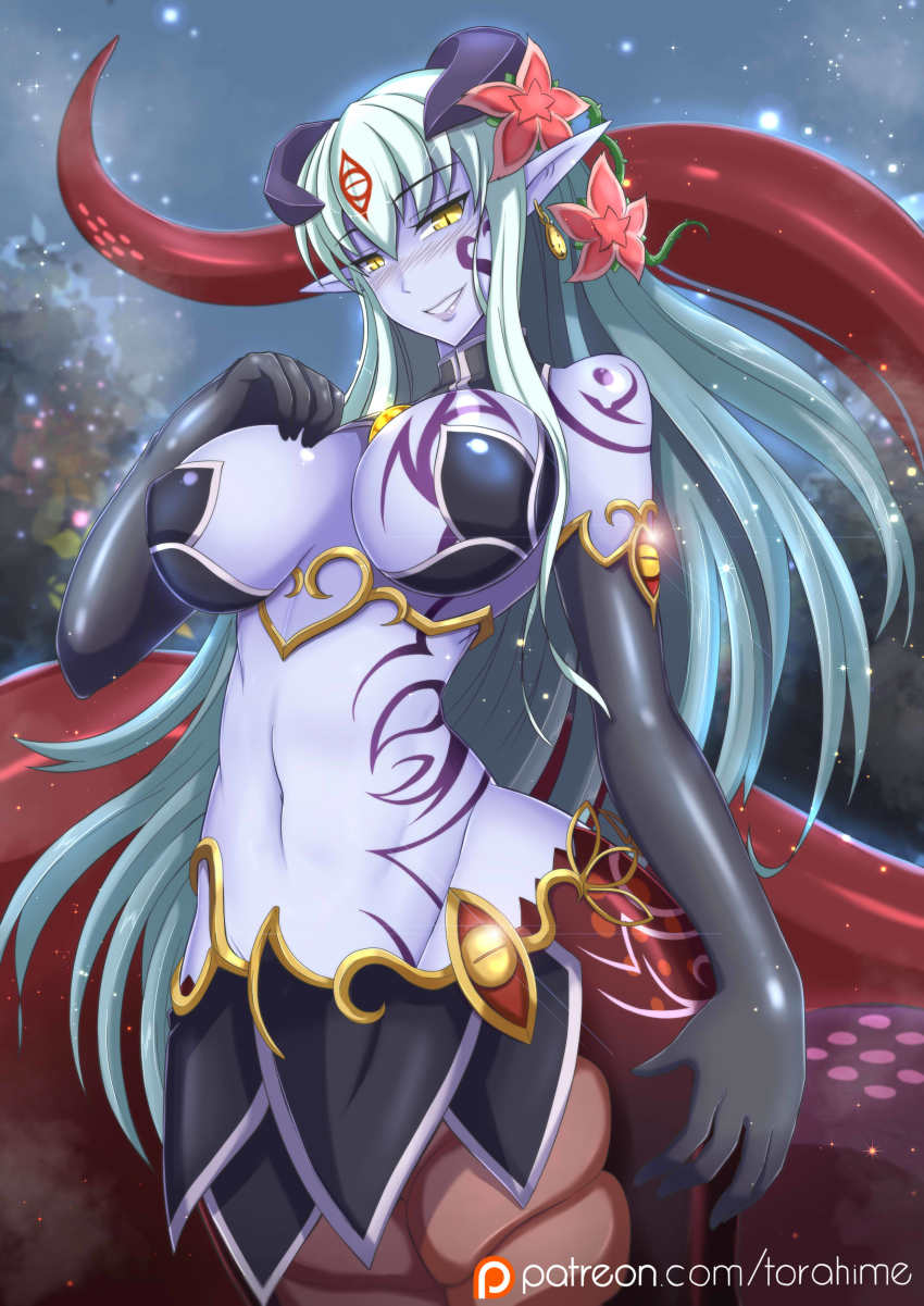 1girl, absurdres, alipheese_fateburn_xvi, bare_shoulders, black_gloves, blush, breast_tattoo, breasts, breasts_apart, cleavage, colored_skin, earrings, elbow_gloves, eye_tattoo, facial_mark, facial_tattoo, female_focus, flower, forehead_mark, gloves, groin, hair_between_eyes, hair_flower, hair_ornament, hand_on_breast, hand_on_own_chest, highres, horns, jewelry, lamia, large_breasts, lips, long_hair, looking_at_viewer, midriff, mon-musu_quest!, monster_girl, navel, plant, pointy_ears, purple_lips, purple_skin, sidelocks, silver_hair, single_earring, slit_pupils, smile, solo, tail, tattoo, torahime_(roland00), torahimemax, turtleneck, very_long_hair, vines, watermark, web_address, yellow_eyes