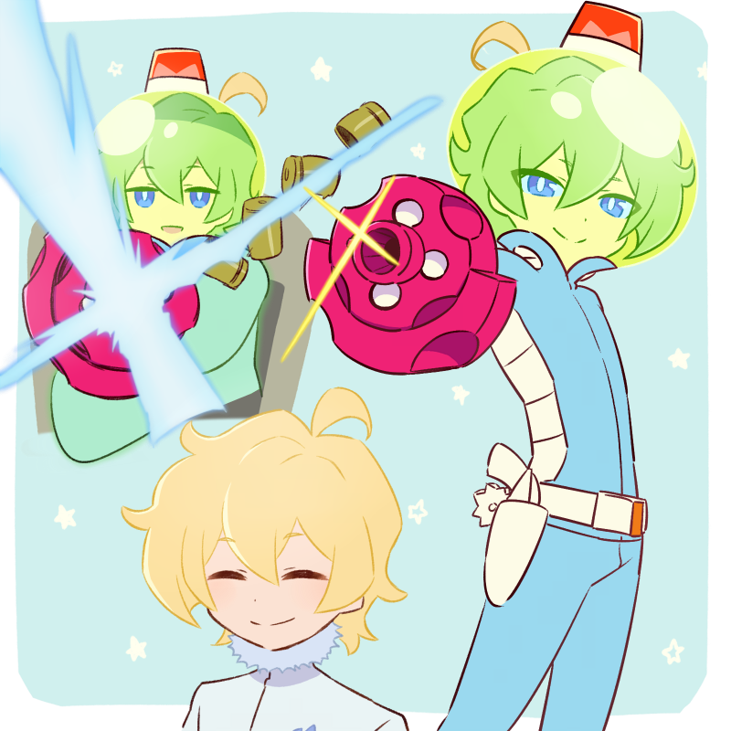 10s, 1boy, ahoge, alpha_omega_nova, arm_cannon, blonde_hair, blue_background, blue_eyes