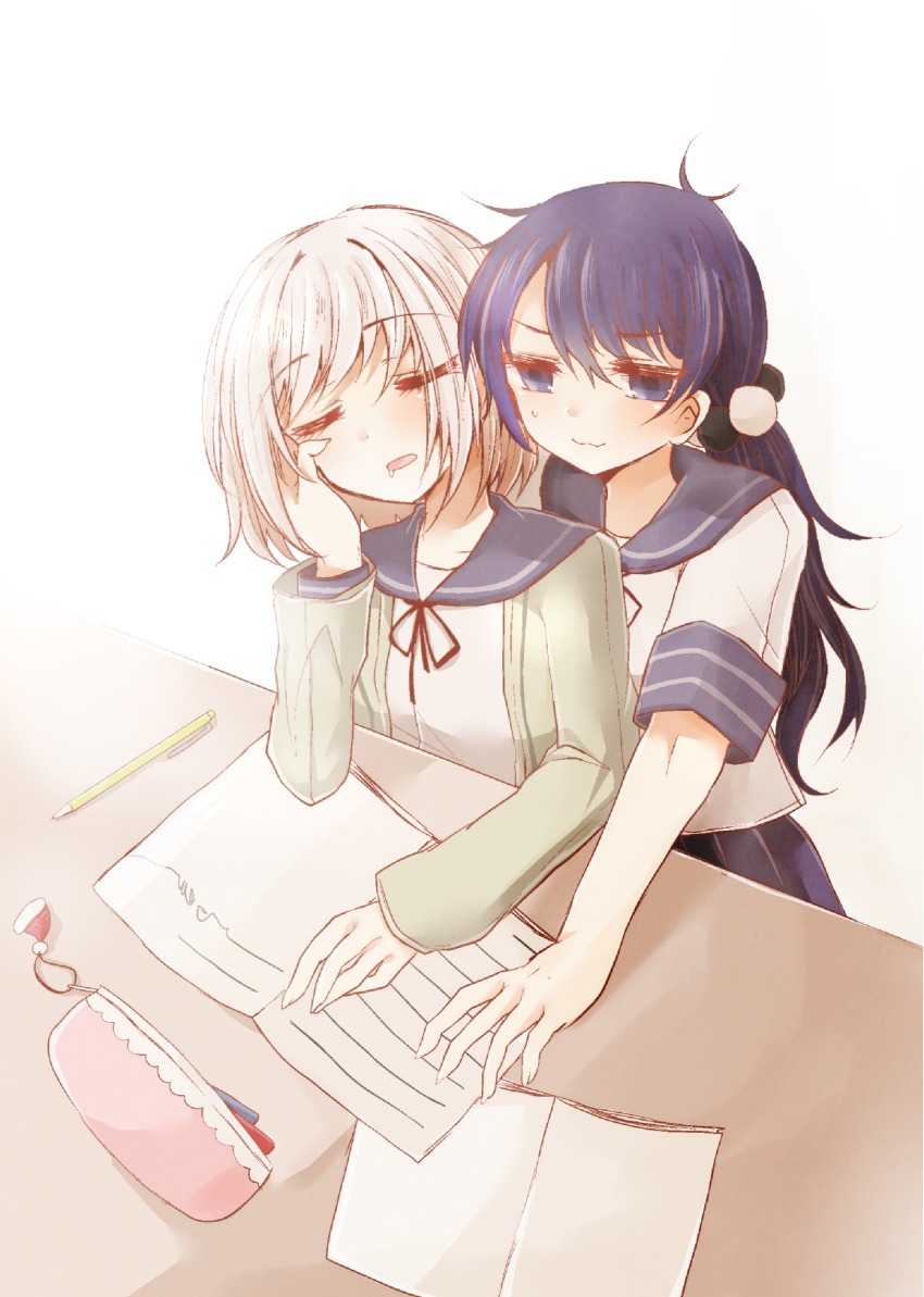 2girls, alternate_costume, bad_id, bad_pixiv_id, blue_eyes, blue_hair, contemporary, desk