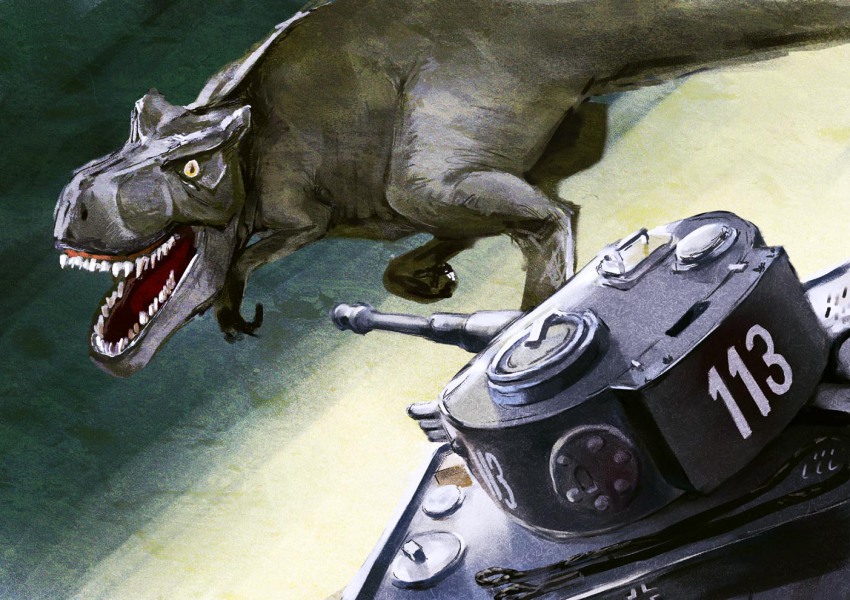 balkenkreuz, battle, cross, dinosaur, dutch_angle, epic, military, military_vehicle, motor_vehicle, no_humans, sharp_teeth, tank, teeth, tiger_i, tnt_(pixiv), tnt_(tnt8823), tyrannosaurus_rex, vehicle, wehrmacht, world_war_ii