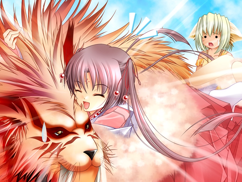 2girls, brown_hair, caren_mayfield, closed_eyes, cloud, cynthia_(moldavite), day, light_rays