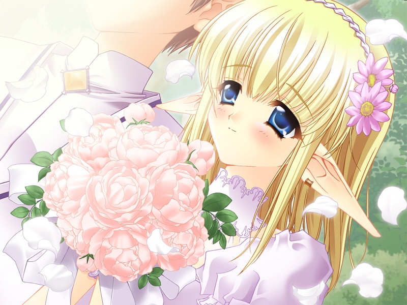 1boy, 1girl, annette, annette_vaslois, blonde_hair, blue_eyes, blush, bouquet
