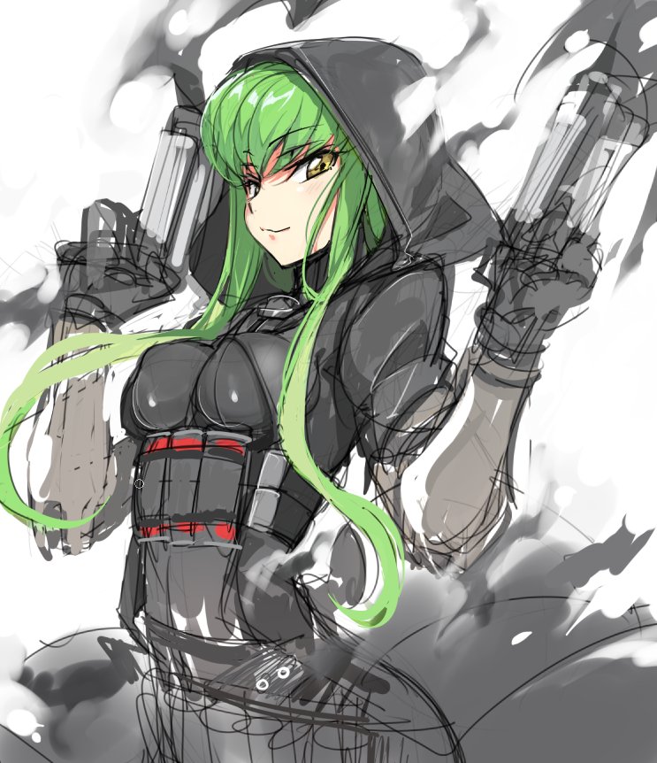 1girl, bodysuit, breasts, c.c., code_geass, cosplay, covered_erect_nipples, creayus, dual_wielding, female_focus, green_hair, gun, handgun, holding, hood, long_hair, medium_breasts, overwatch, overwatch_1, pistol, reaper_(overwatch), reaper_(overwatch)_(cosplay), shotgun, sidelocks, sketch, solo, weapon, yellow_eyes