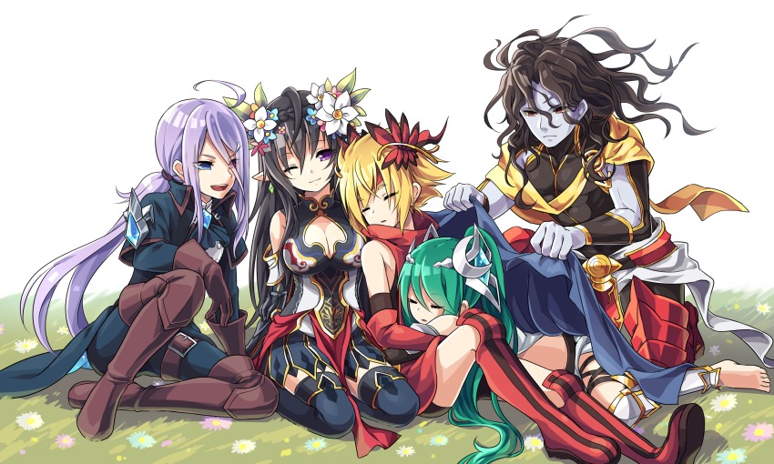 2girls, 3boys, absurdres, ahoge, apollo_(p&amp;d), ares_(p&amp;d), artemis_(p&amp;d), barefoot