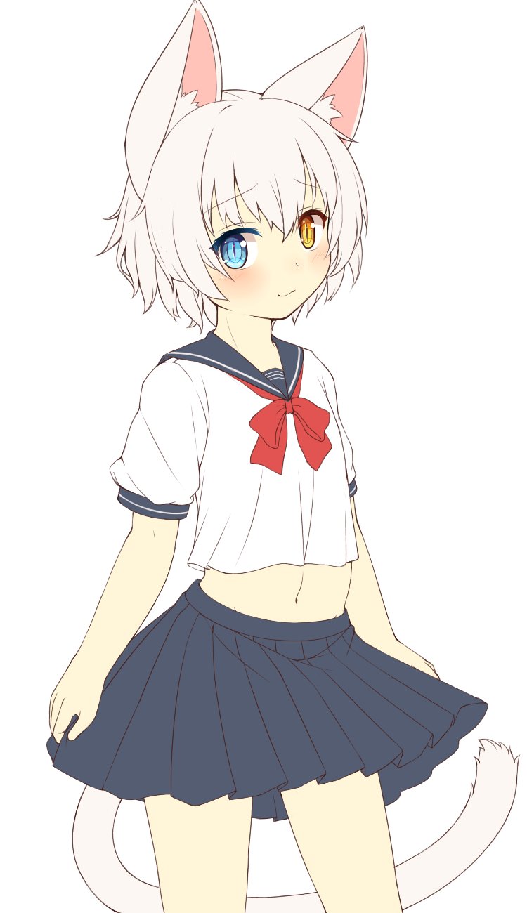 1boy, animal_ears, blue_eyes, blush, cat_ears, cat_tail, crossdressing, crossdressing_(mtf), heterochromia, highres, kida_kuro_mu, looking_at_viewer, male_focus, midriff, navel, original, pleated_skirt, school_uniform, shiro_(kida_kuro_mu), short_hair, simple_background, skirt, slit_pupils, solo, tail, trap, white_hair, yellow_eyes