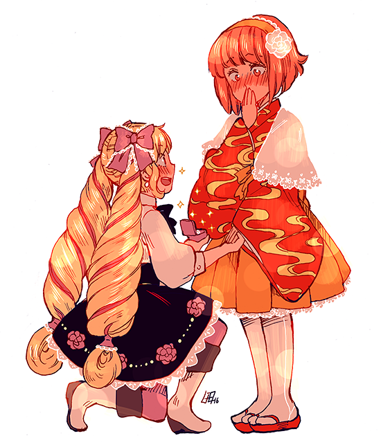 2girls, blonde_hair, blush, boots, bow, covering_own_mouth, elise_(fire_emblem), fire_emblem, fire_emblem_fates, flower, full_body, hair_bow, hair_flower, hair_ornament, hand_over_own_mouth, holding_hands, kneeling, ladugard, long_hair, marriage_proposal, multiple_girls, nintendo, red_hair, sakura_(fire_emblem), sandals, short_hair, simple_background, smile, sparkle, standing, twintails, white_background, yuri