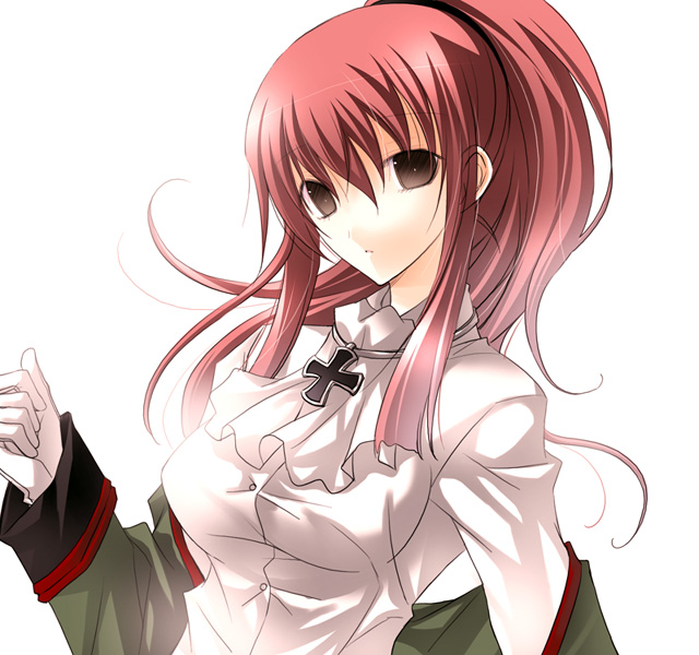 1girl, brown_eyes, cross, female_focus, grey_eyes, jacket, jewelry, karin_koenig