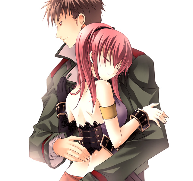 1boy, 1girl, ben_hyuga, blush, brown_hair, closed_eyes, collar, corset