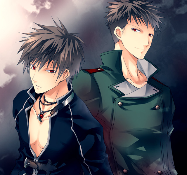 2boys, belt, ben_hyuga, black_hair, buttons, closed_mouth, coat, collarbone, double-breasted, jewelry, light_frown, light_smile, long_sleeves, looking_at_viewer, magatama, male_focus, multiple_boys, necklace, pendant, red_eyes, shadow_hearts, shadow_hearts_ii, upper_body, vanilla_(artist), vanilla_(nicolla), yuri_hyuga