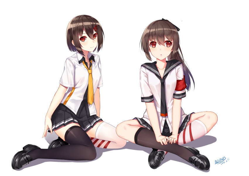 2girls, :o, absurdres, allenes, armband, asymmetrical_legwear, ayanami_(warship_girls_r), black_socks