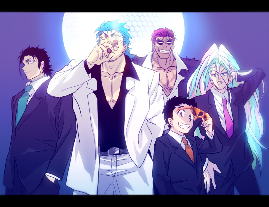 10s, 5boys, bad_id, bad_pixiv_id, black_hair, blue_background, blue_eyes, blue_hair