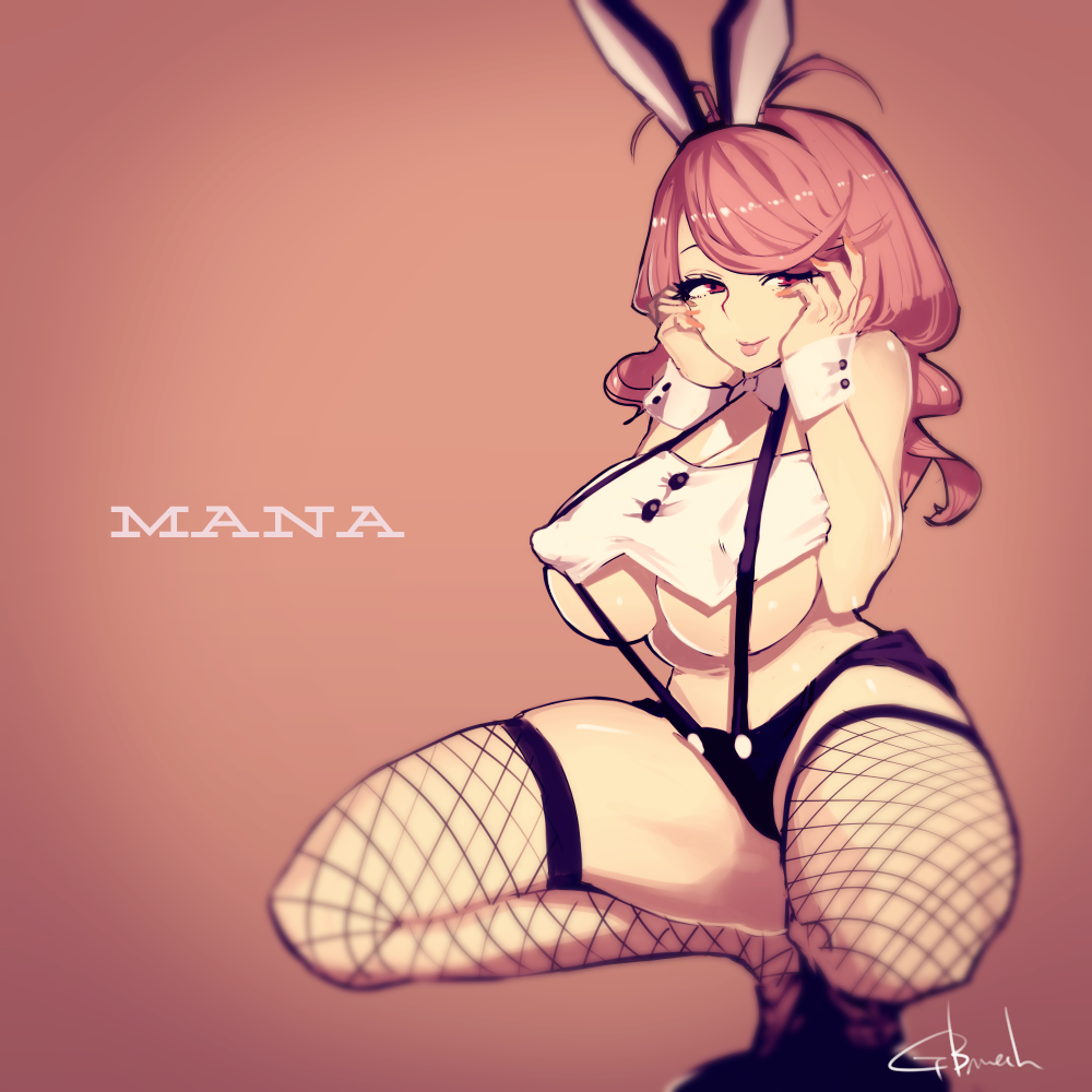 1girl, animal_ears, bare_shoulders, breasts, covered_erect_nipples, female_focus, fishnet_thighhighs, fishnets, gbmah, hands_on_own_cheeks, hands_on_own_face, huge_breasts, long_hair, looking_at_viewer, misonoo_mana, pink_hair, purple_eyes, rabbit_ears, smile, solo, squatting, suspenders, thighhighs, tokyo_7th_sisters, underboob, wrist_cuffs