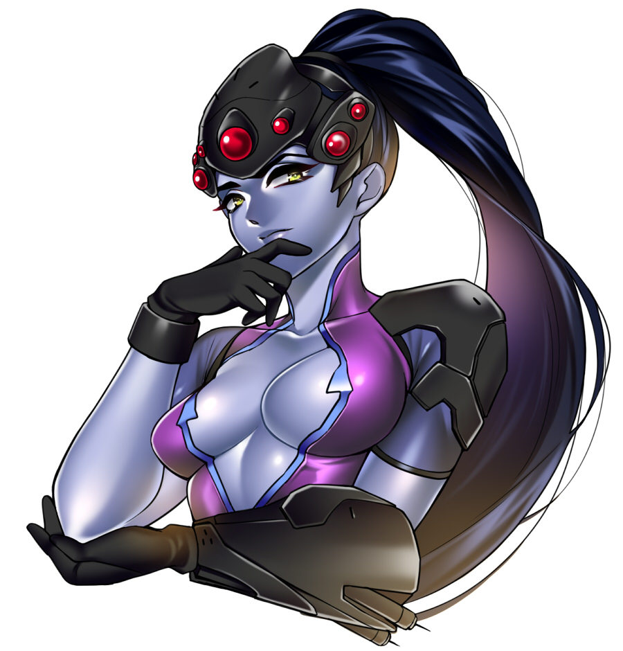 1girl, arm_armor, bad_id, bad_pixiv_id, blue_skin, bodysuit, breasts, cleavage, colored_skin, daifukumochi_(rukoratie), female_focus, gloves, head-mounted_display, long_hair, medium_breasts, overwatch, overwatch_1, ponytail, simple_background, solo, white_background, widowmaker_(overwatch)