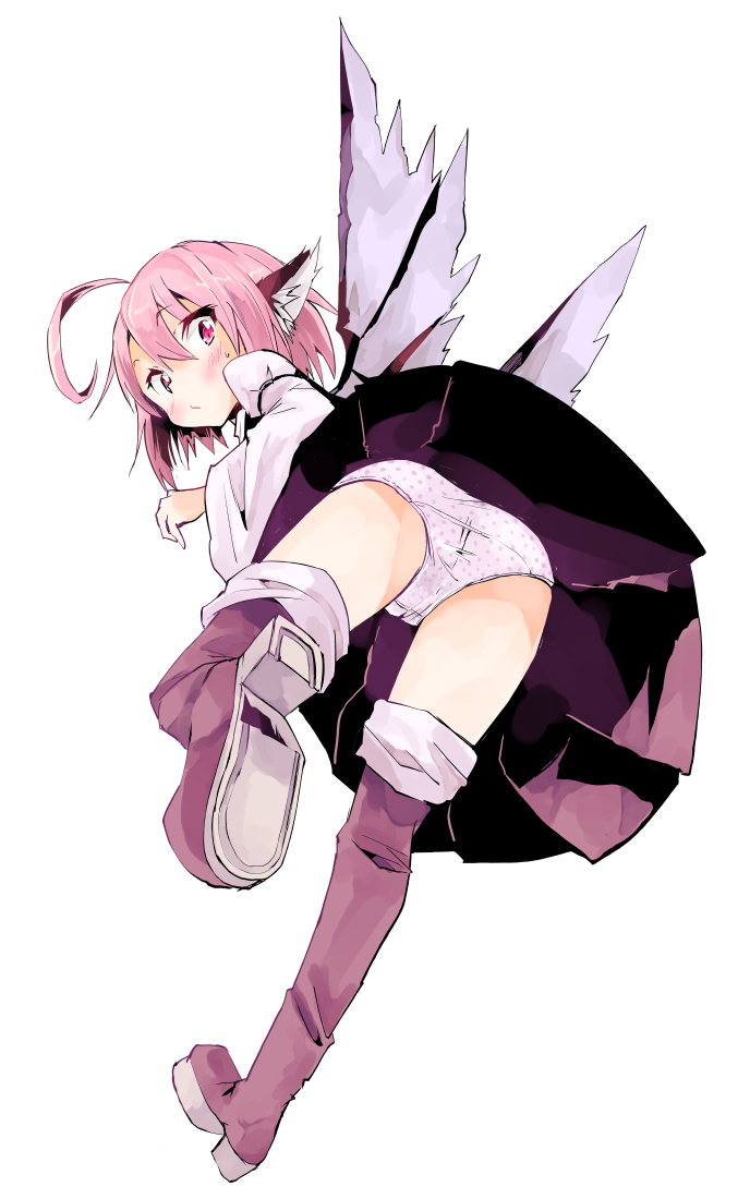 1girl, ahoge, animal_ears, ass, bent_over, bird_wings, blush, boots, female_focus, from_behind, from_below, full_body, kuroneko_no_toorimichi, long_sleeves, looking_at_viewer, looking_back, mystia_lorelei, panties, pantyshot, pink_eyes, pink_hair, polka_dot, polka_dot_panties, puffy_sleeves, shirt, short_hair, simple_background, skirt, solo, sweatdrop, thigh_boots, thighhighs, touhou, underwear, upskirt, white_background, wide_sleeves, wings