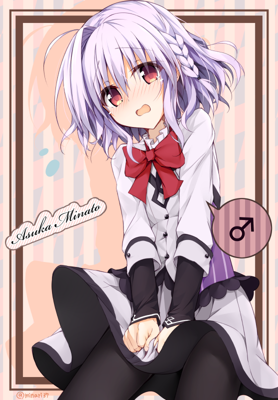 1boy, androgynous, asuka_minato, bad_id, bad_pixiv_id, black_pantyhose, blush, bow