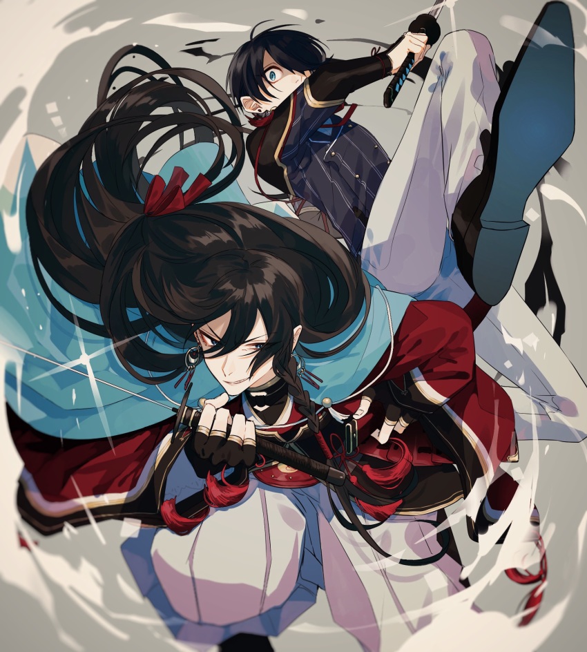 10s, 2boys, black_hair, blue_eyes, braid, buttons, double-breasted, earrings