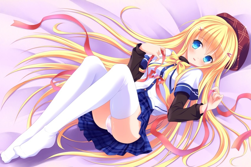 1girl, aqua_eyes, blonde_hair, blue_eyes, bow, cameltoe, clover_(series), clover_days