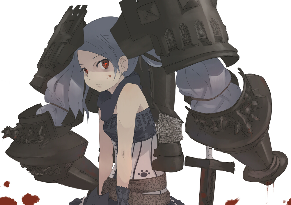 1girl, armor, armored_twintails, blood, blood_on_face, female_focus, hair_ornament, jitsu_hidari