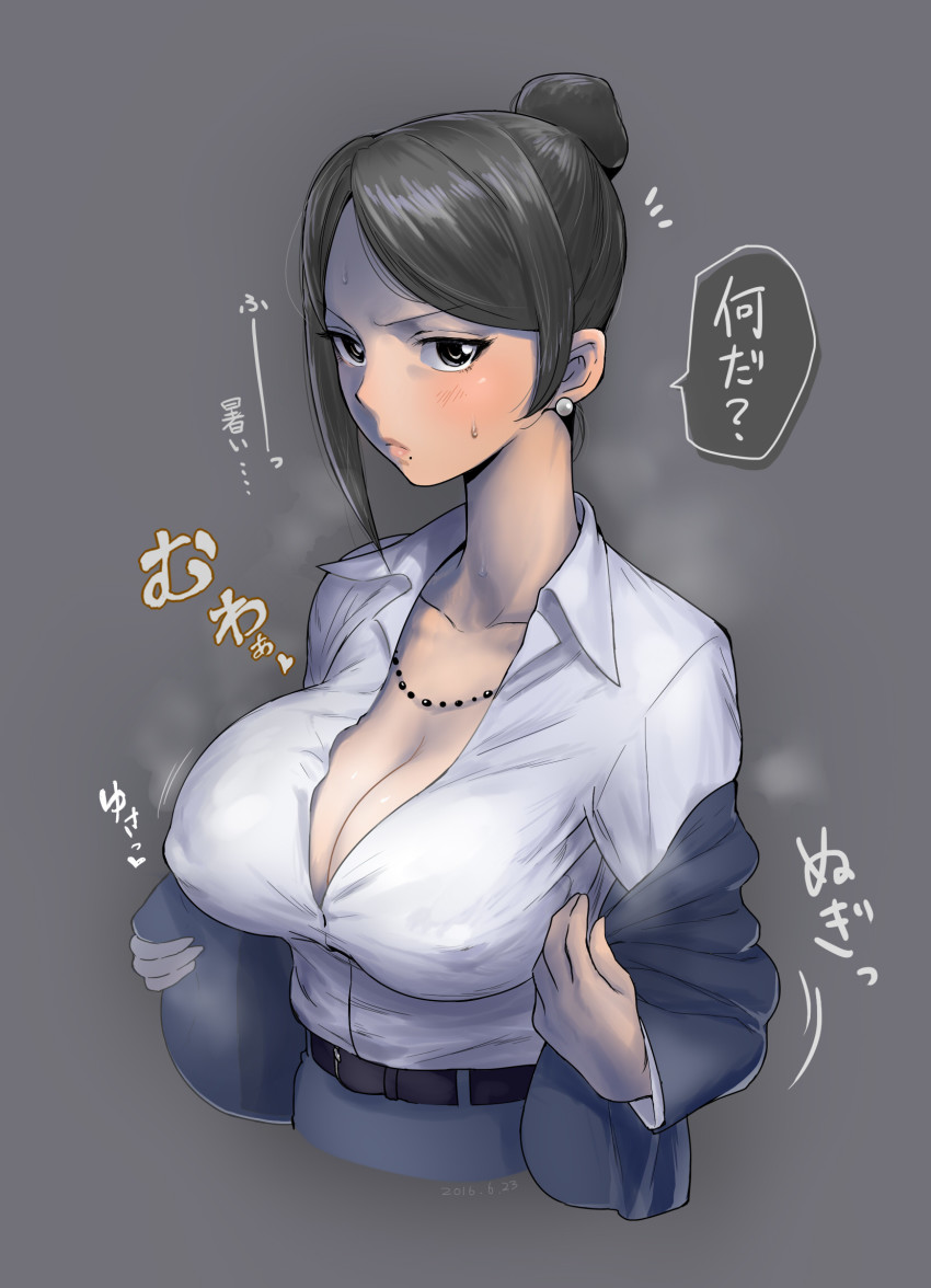 1girl, bad_id, bad_pixiv_id, bijin_onna_joushi_takizawa-san, black_eyes, black_hair, breasts, cleavage