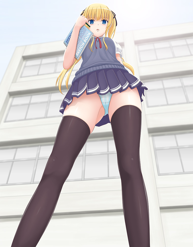 1girl, blue_eyes, blue_panties, blush, building, contrapposto, female_focus, from_below, groin_tendon, looking_down, miniskirt, notebook, panties, pantyshot, saenai_heroine_no_sodatekata, sawamura_spencer_eriri, sketchbook, skirt, solo, standing, suzuki71, thighhighs, twintails, underwear, upskirt, window