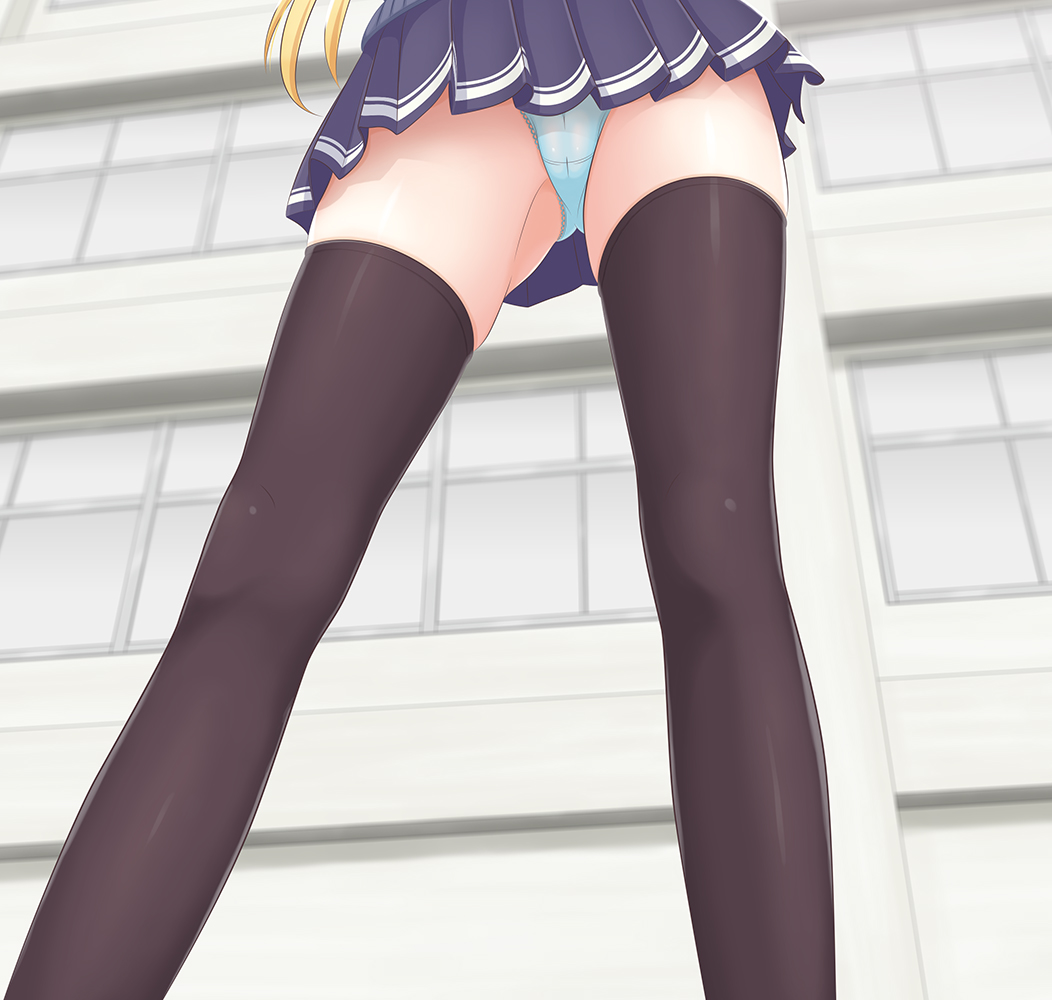 1girl, blue_panties, building, contrapposto, female_focus, from_below, groin_tendon, miniskirt, outdoors, panties, pantyshot, saenai_heroine_no_sodatekata, sawamura_spencer_eriri, school_uniform, skirt, solo, standing, suzuki71, thighhighs, underwear, upskirt, window