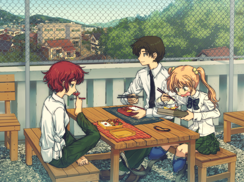 10s, 1boy, 2girls, amputee, armless_amputee, barefoot, bench, bento