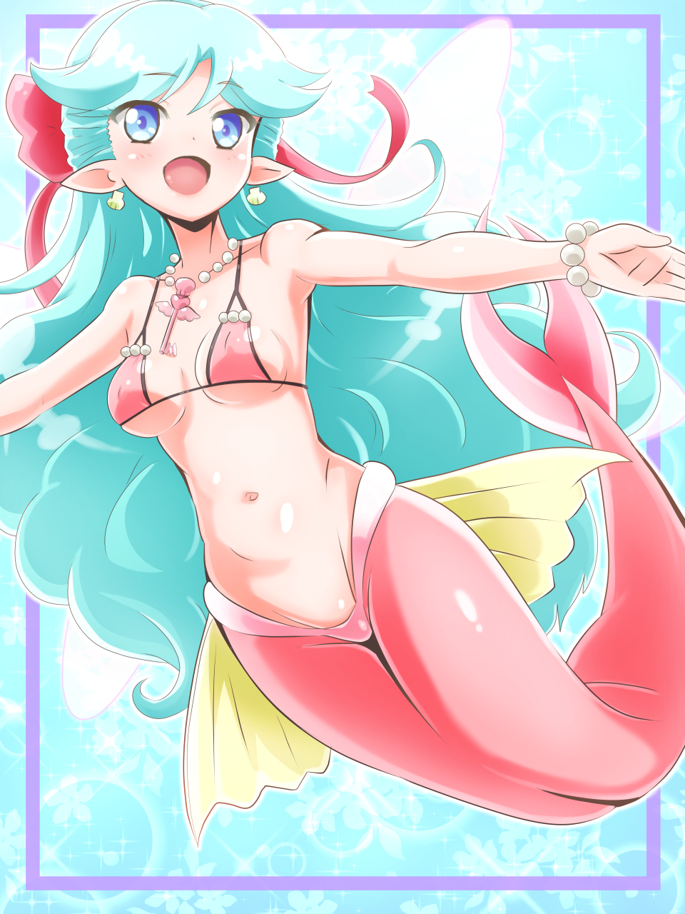 10s, 1girl, :d, akoya_(fairilu), aqua_hair, bikini, bikini_top_only, blue_eyes