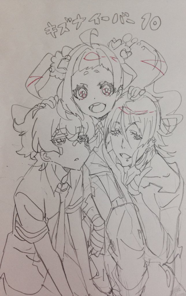 10s, 1girl, 2boys, \m/, agata_katsuhira, bandaid, hand_on_another's_head, hisomu_yoshiharu