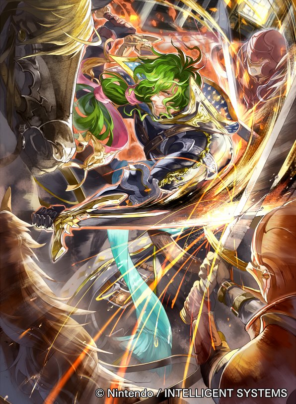 1boy, armor, beard, copyright_name, facial_hair, fire_emblem, fire_emblem_cipher, green_hair