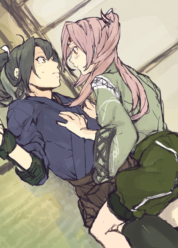 10s, 2girls, bad_id, bad_twitter_id, black_legwear, blush, brown_skirt, camouflage