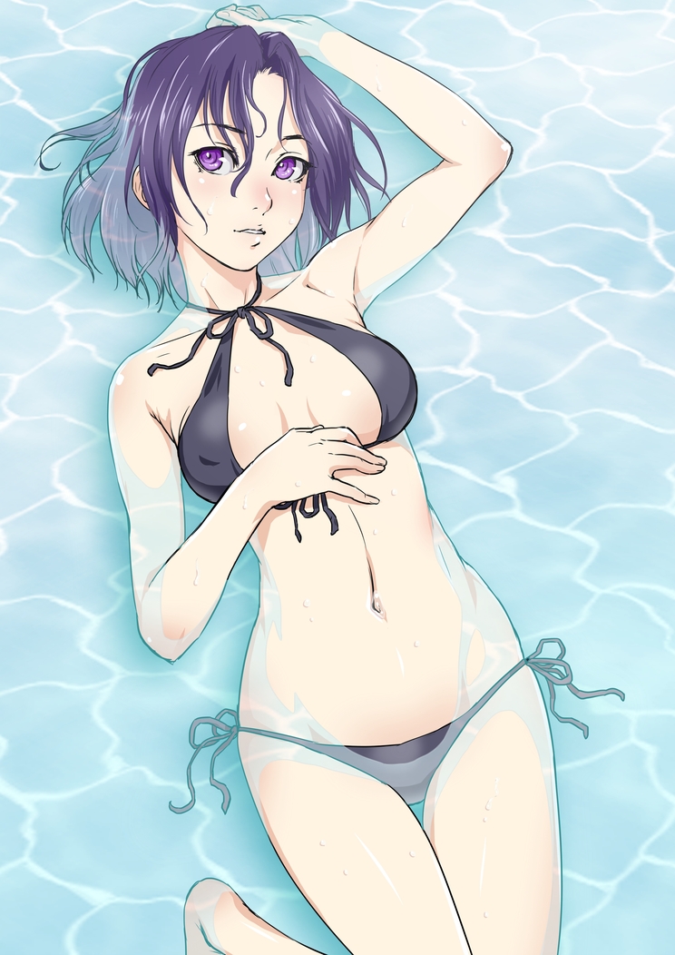 10s, 1girl, arm_up, bare_legs, bikini, black_bikini, blush, breasts