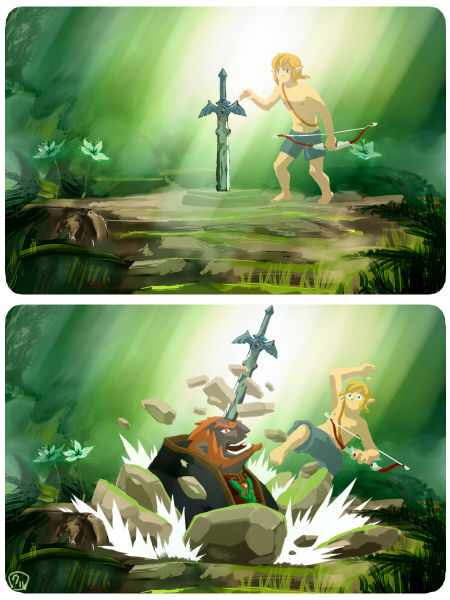 2boys, 2koma, bad_id, bad_pixiv_id, barefoot, blonde_hair, bow_(weapon), comic, ganondorf, kuruuya, light_rays, link, male_focus, master_sword, multiple_boys, nintendo, object_through_head, pointy_ears, red_hair, shorts, silent_comic, spoilers, sunbeam, sunlight, sword, sword_in_head, sword_in_the_stone, the_legend_of_zelda, the_legend_of_zelda:_breath_of_the_wild, the_legend_of_zelda:_the_wind_waker, topless_male, weapon