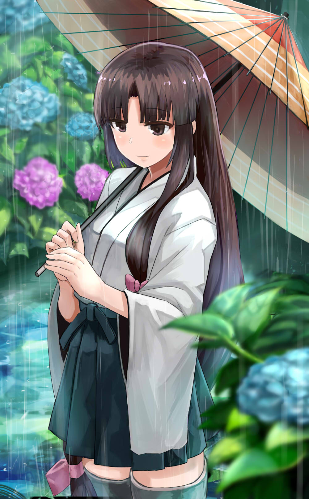 10s, 1girl, black_hair, black_skirt, brown_eyes, female_focus, flower, hair_ribbon