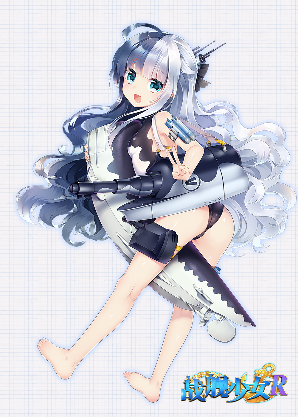 1girl, :d, ass, bad_id, bad_pixiv_id, barefoot, between_legs, black_hair, blue_eyes, cannon, fang, feet, female_focus, heart, heart-shaped_pupils, highres, long_hair, looking_at_viewer, looking_back, m1_(warship_girls_r), multicolored_hair, mvv, official_art, one-piece_swimsuit, open_mouth, smile, solo, swimsuit, symbol-shaped_pupils, thigh_strap, two-tone_hair, very_long_hair, warship_girls_r, wavy_hair, white_hair