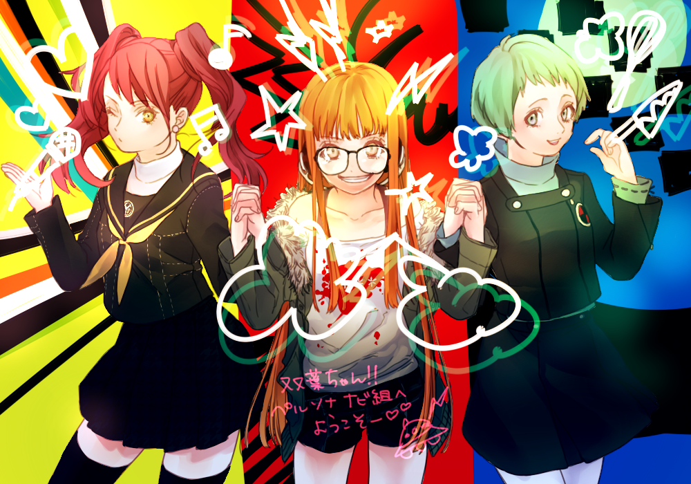 10s, 3girls, aqua_hair, atlus, brown_eyes, brown_hair, crossover, earrings, glasses, headphones, jacket, jewelry, kujikawa_rise, long_hair, megami_tensei, minato_iro, multiple_girls, orange_hair, persona, persona_3, persona_4, persona_5, sakura_futaba, school_uniform, serafuku, shin_megami_tensei, shirt, thighhighs, trait_connection, twintails, yamagishi_fuuka
