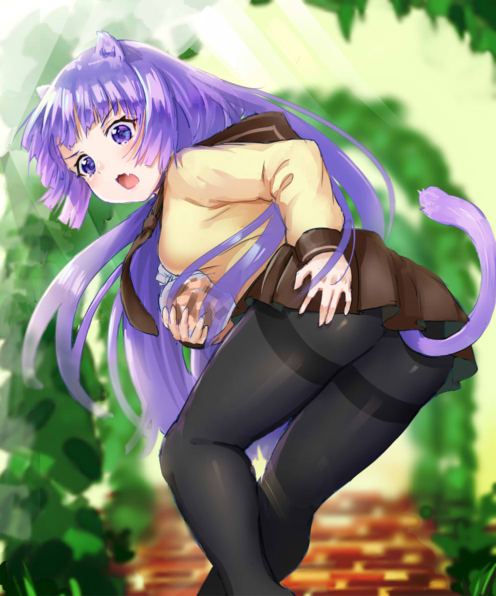 1girl, :3, animal_ears, ass, bag, blurry, bread_crust, breasts, brown_necktie, brown_skirt, cat_ears, cat_tail, depth_of_field, fang, female_focus, from_behind, hand_on_own_ass, holding, long_hair, long_sleeves, looking_back, medium_breasts, miniskirt, necktie, nishikawa_youko, open_mouth, pantyhose, plastic_bag, pleated_skirt, purple_eyes, purple_hair, sansha_san'you, school_uniform, serafuku, shirona002, sketch, skirt, solo, standing, tail, tears, thighband_pantyhose, very_long_hair