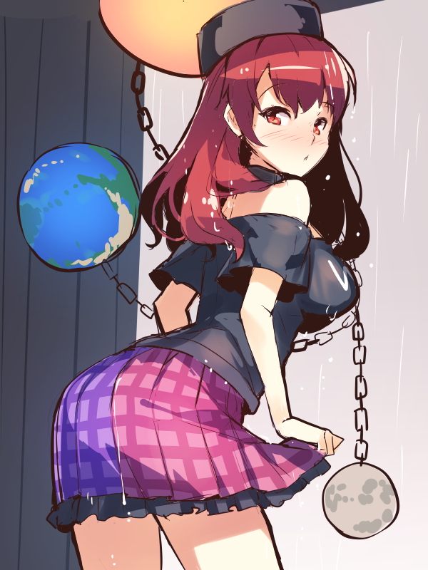 1girl, bare_shoulders, blush, breasts, chain, clothes_writing, collar, earth_(ornament)