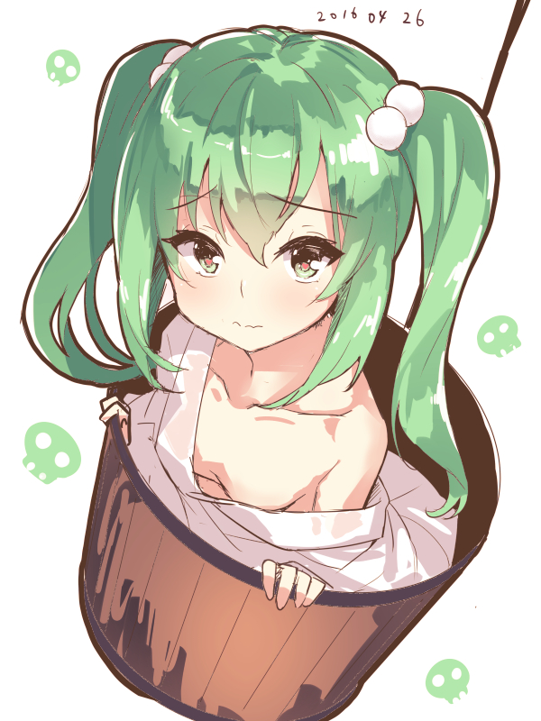 1girl, 2016, breasts, bucket, collarbone, convenient_censoring, dated, downblouse, female_focus, green_eyes, green_hair, hair_between_eyes, hair_bobbles, hair_ornament, in_bucket, in_container, kasa_jizou, kisume, looking_at_viewer, no_bra, off_shoulder, short_twintails, small_breasts, solo, touhou, twintails, worried