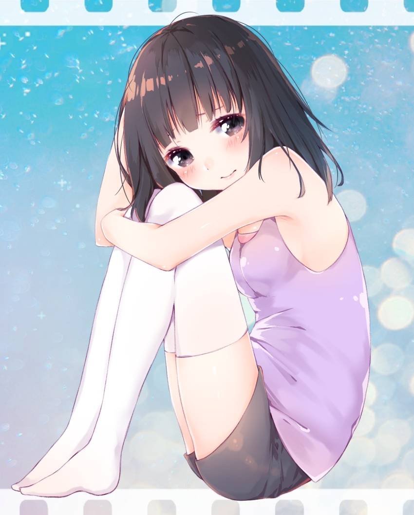 1girl, arm_behind_head, azuki_(krps-hano), black_eyes, black_shorts, blush, breasts, brown_hair
