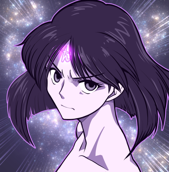 1girl, angry, arms_at_sides, bare_shoulders, bishoujo_senshi_sailor_moon, black_hair, closed_mouth, collarbone, eyelashes, facial_mark, female_focus, forehead_mark, from_side, looking_at_viewer, nakata_shunpei, neck, no_bra, nude, pale_skin, parted_bangs, purple_eyes, sailor_saturn, saturn_symbol, serious, short_hair, solo, tomoe_hotaru, topless_female, topless_frame, turning_head, upper_body, v-shaped_eyebrows