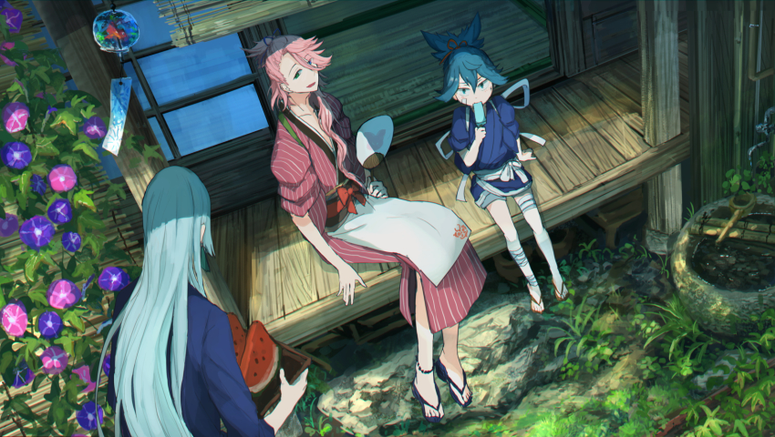 10s, 3boys, blue_eyes, blue_hair, dutch_angle, eating, flower, food