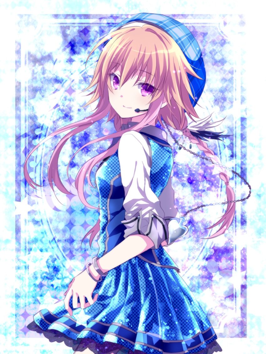 10s, 1girl, artist_request, blue_theme, bracelet, braid, earpiece, female_focus, gradient_hair, hat, highres, idolmaster, idolmaster_cinderella_girls, jewelry, kazato_amane, long_sleeves, looking_at_viewer, looking_back, multicolored_hair, ninomiya_asuka, purple_eyes, skirt, smile, solo