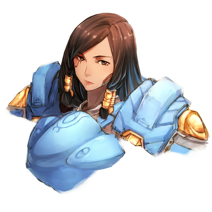 1girl, absurdres, armor, bodysuit, braid, brown_eyes, brown_hair, dark-skinned_female