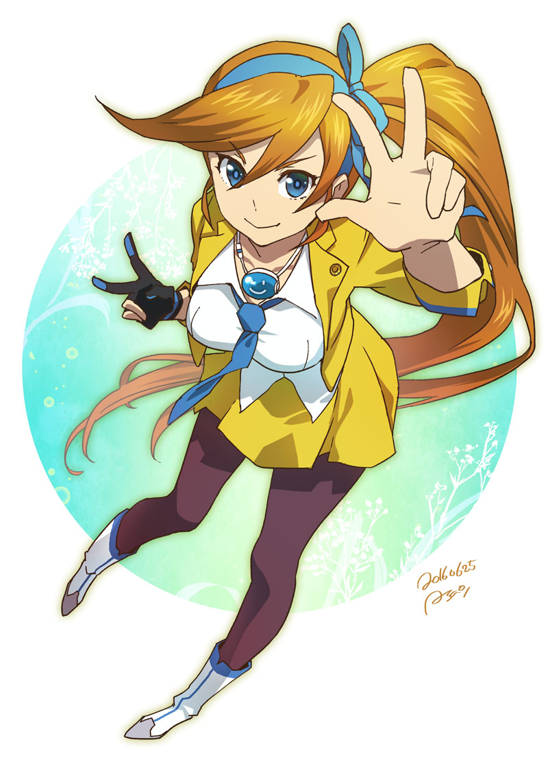 1girl, ace_attorney, asao-vc, athena_cykes, black_pantyhose, blue_eyes, blue_necktie, blue_ribbon, cropped_jacket, dated, double_v, female_focus, from_above, full_body, gloves, hair_between_eyes, hair_ribbon, jacket, jewelry, long_hair, miniskirt, necklace, necktie, orange_hair, pantyhose, partially_fingerless_gloves, ribbon, side_ponytail, signature, single_glove, skirt, smile, solo, v, very_long_hair, w, yellow_jacket, yellow_skirt