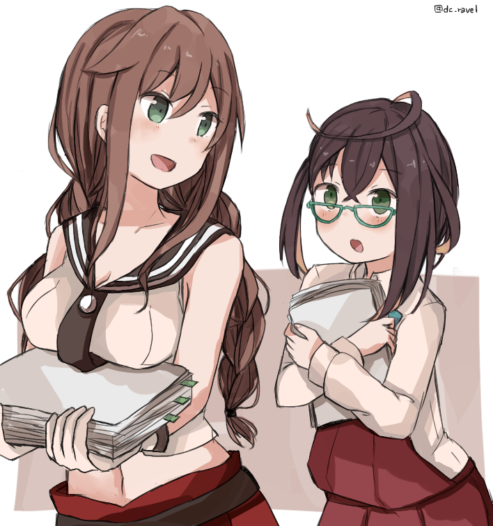 10s, 2girls, :d, :o, blush, breast_rest, breasts, brown_hair