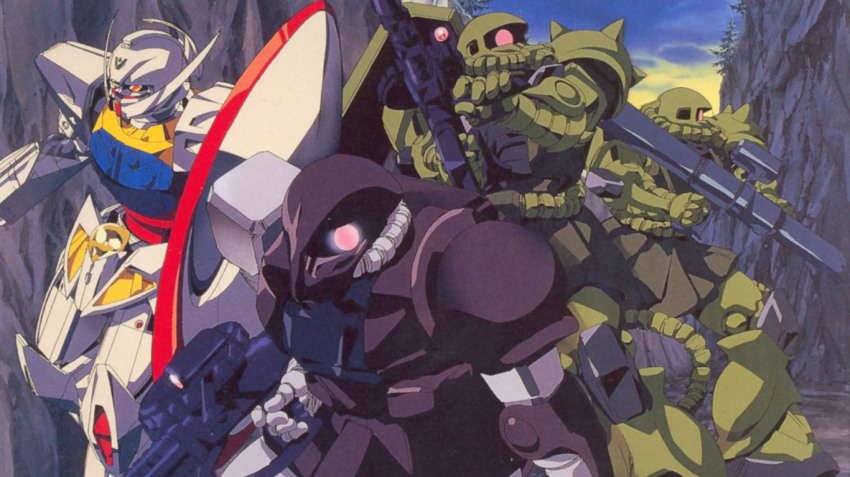 borjarnon, borjarnon_gavane_gooney_custom, gun, gundam, m1_bazooka, machine_gun, mecha, official_art, robot, rocket_launcher, scan, shield, turn_a_gundam, turn_a_gundam_(mobile_suit), weapon, zaku, zaku_ii