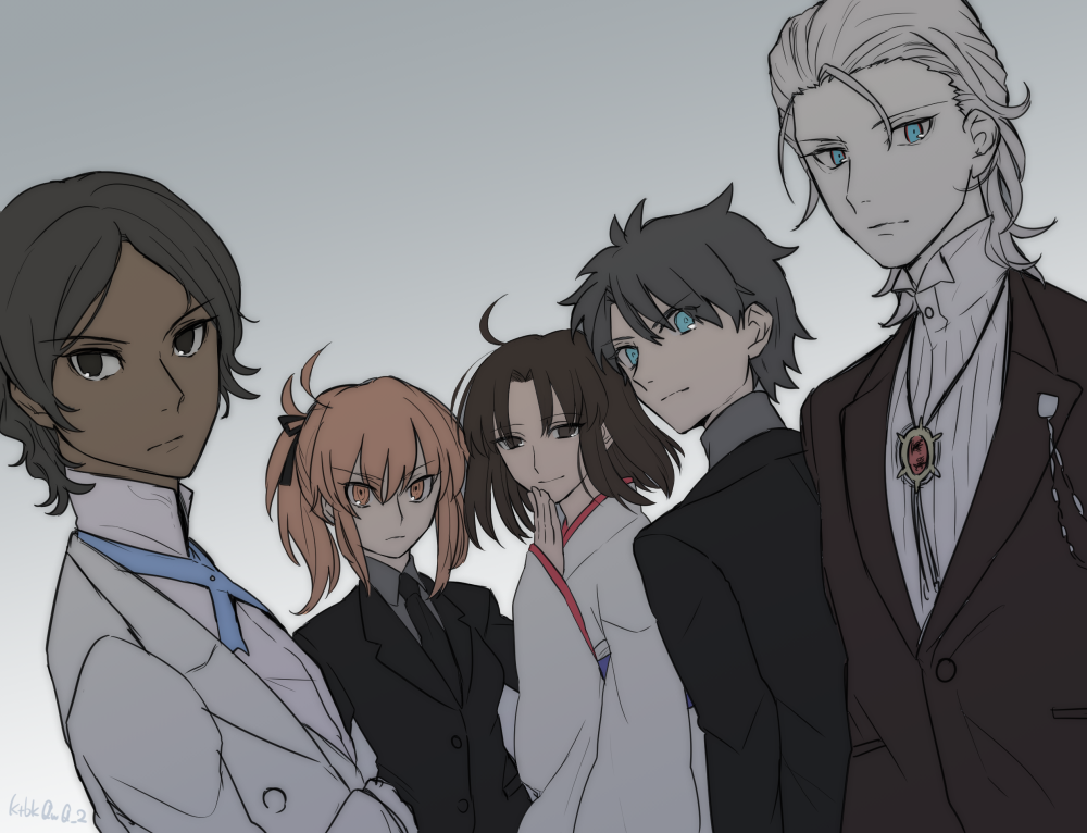 2girls, 3boys, ahoge, alternate_costume, arjuna_(animejapan_2016)_(fate), arjuna_(fate), black_hair, blue_eyes, brown_eyes, brown_hair, dark-skinned_male, dark_skin, fate/apocrypha, fate/grand_order, fate_(series), flat_color, formal_clothes, fujimaru_ritsuka_(female), fujimaru_ritsuka_(female)_(royal_brand), fujimaru_ritsuka_(male), gradient_background, japanese_clothes, kara_no_kyoukai, karna_(animejapan_2016)_(fate), karna_(fate), kimono, kotobuki_(wk231414), multiple_boys, multiple_girls, necktie, orange_eyes, orange_hair, ryougi_shiki, short_hair, side_ponytail, suit, white_hair